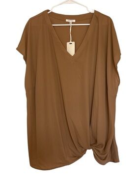 Pleione V-Neck Twist Hem Dolman Blouse Brown Flowy Top NWT
